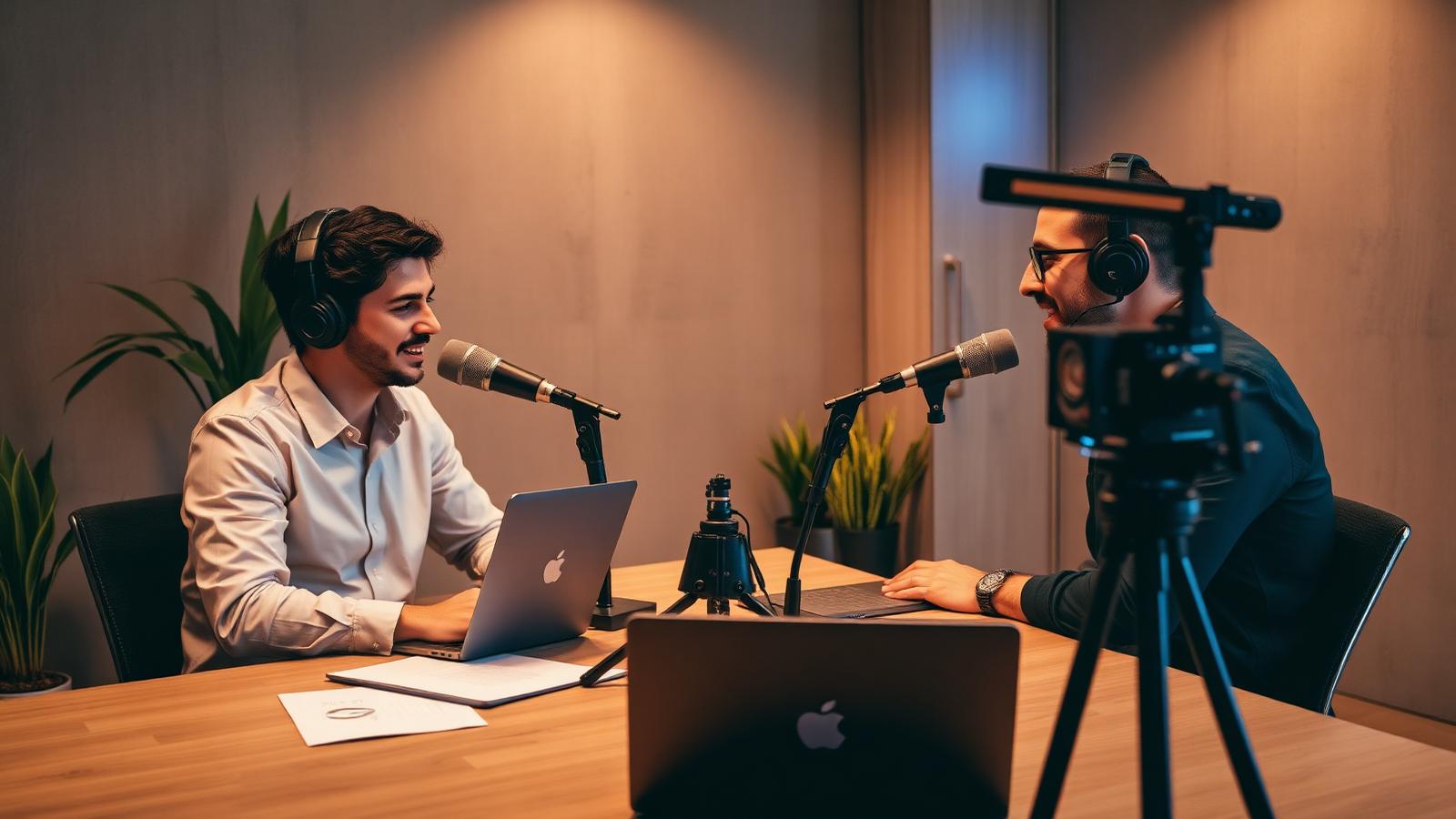 Two hosts recording a corporate podcast with Shure microphones and a video podcasting camera in a modern office studio