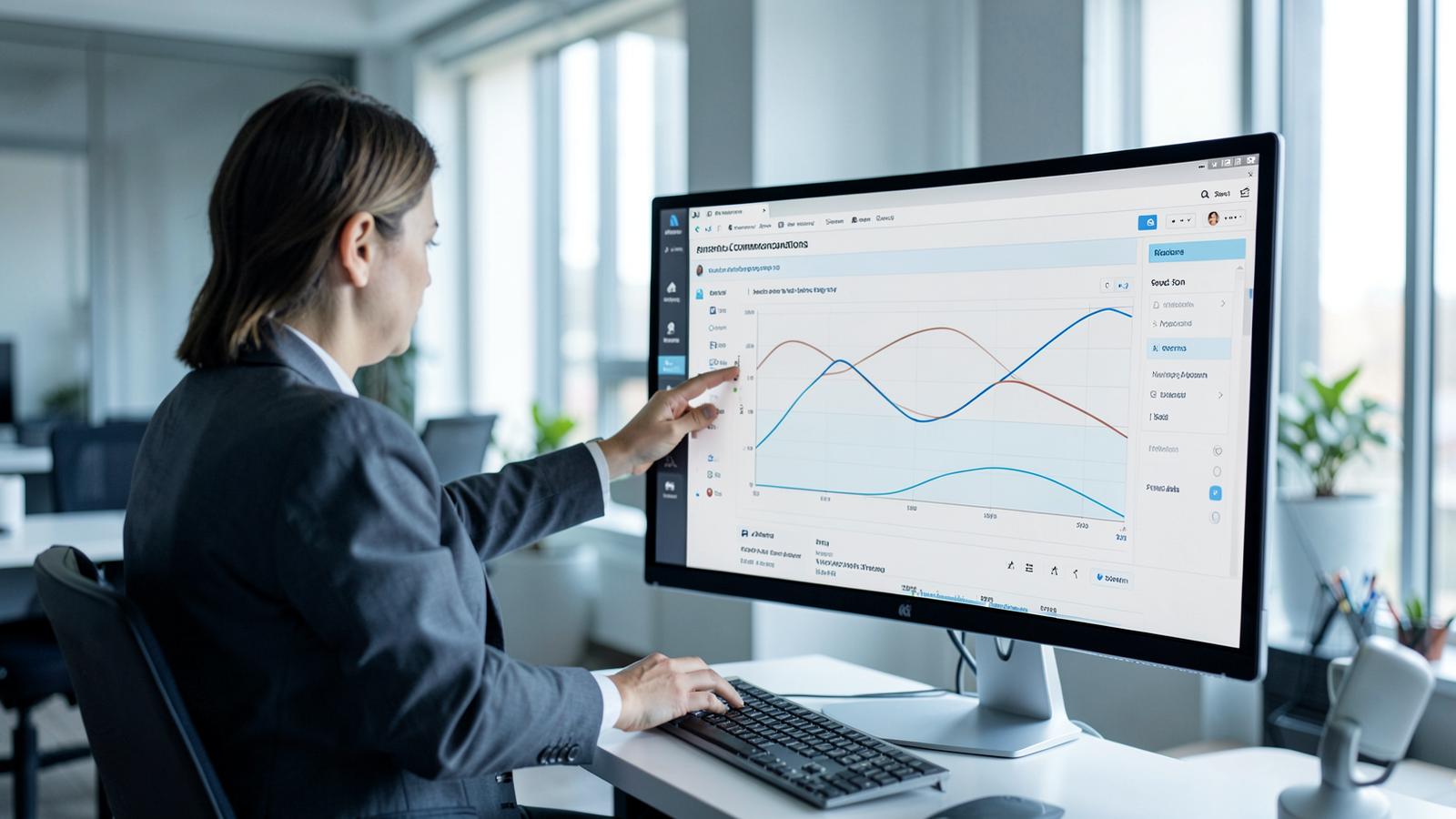 Communications professional reviewing an audio listening analytics dashboard on a monitor