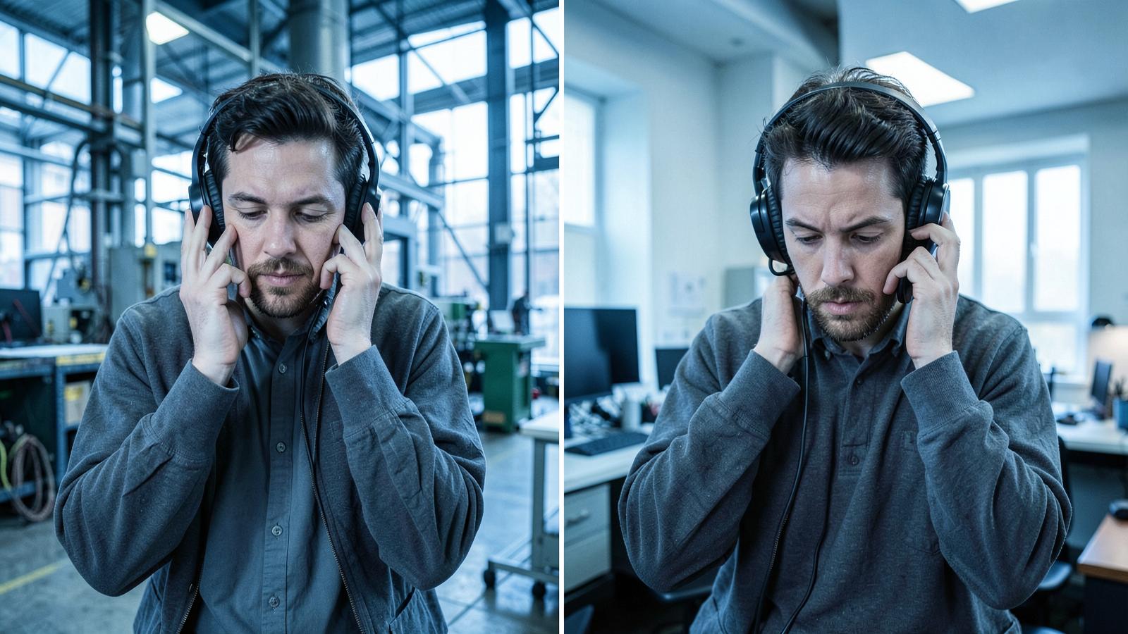 Mitarbeitende im Werk und im Buero hoeren mit Kopfhoerern einen internen Podcast
