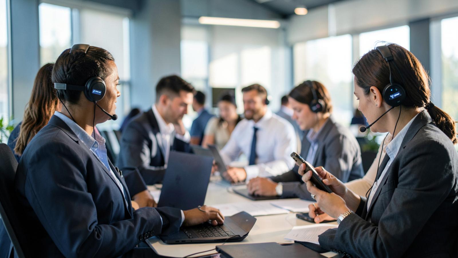 Employees in an office listening to an internal podcast on phones and laptops