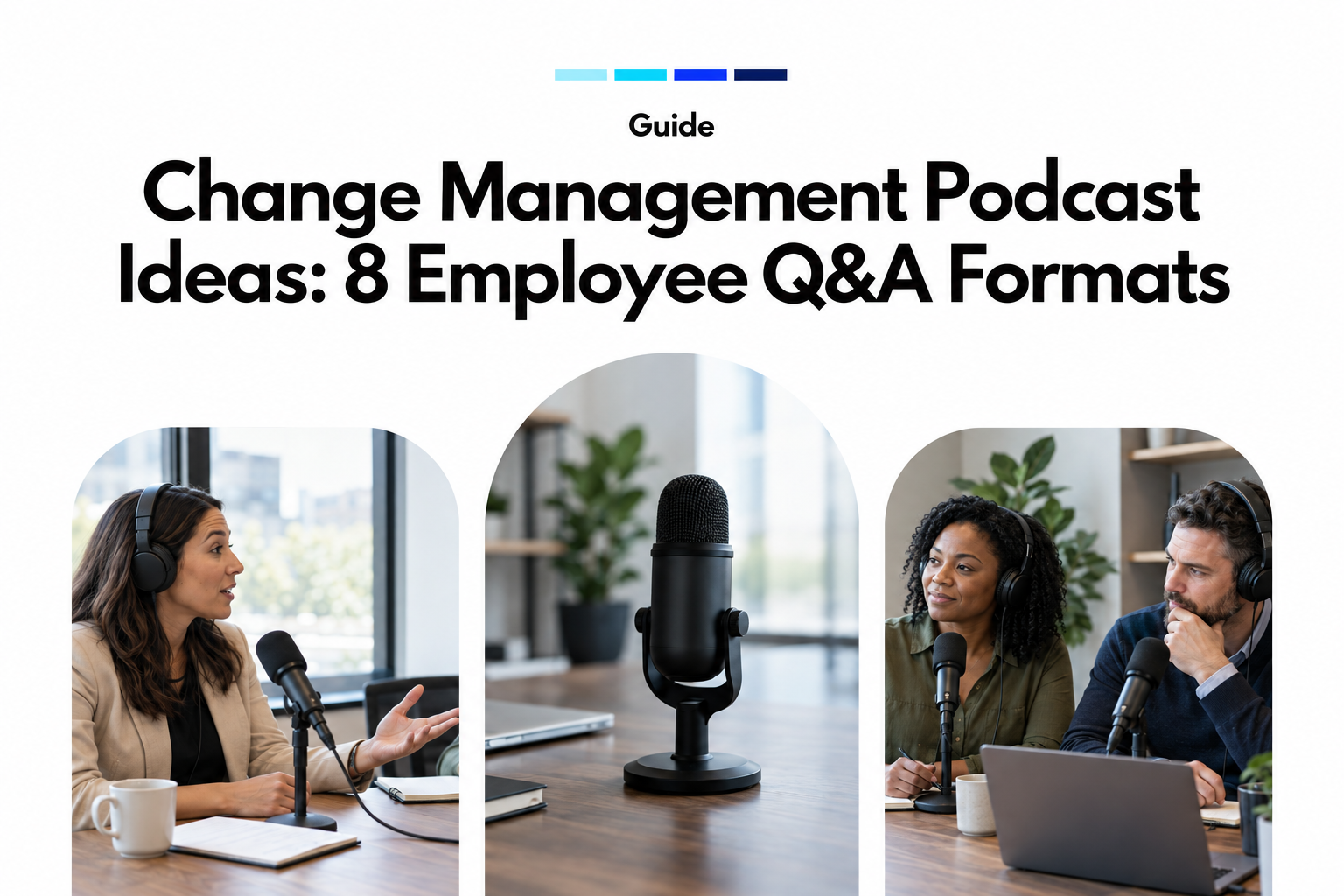 Internal communications moderator interviewing an HR leader and operations manager in a modern office podcast setup.