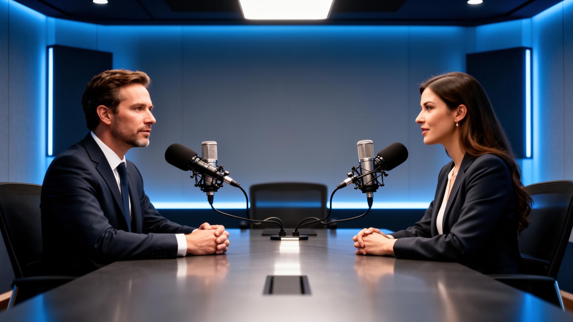 Two B2B executives in a modern podcast studio recording a thought leadership conversation