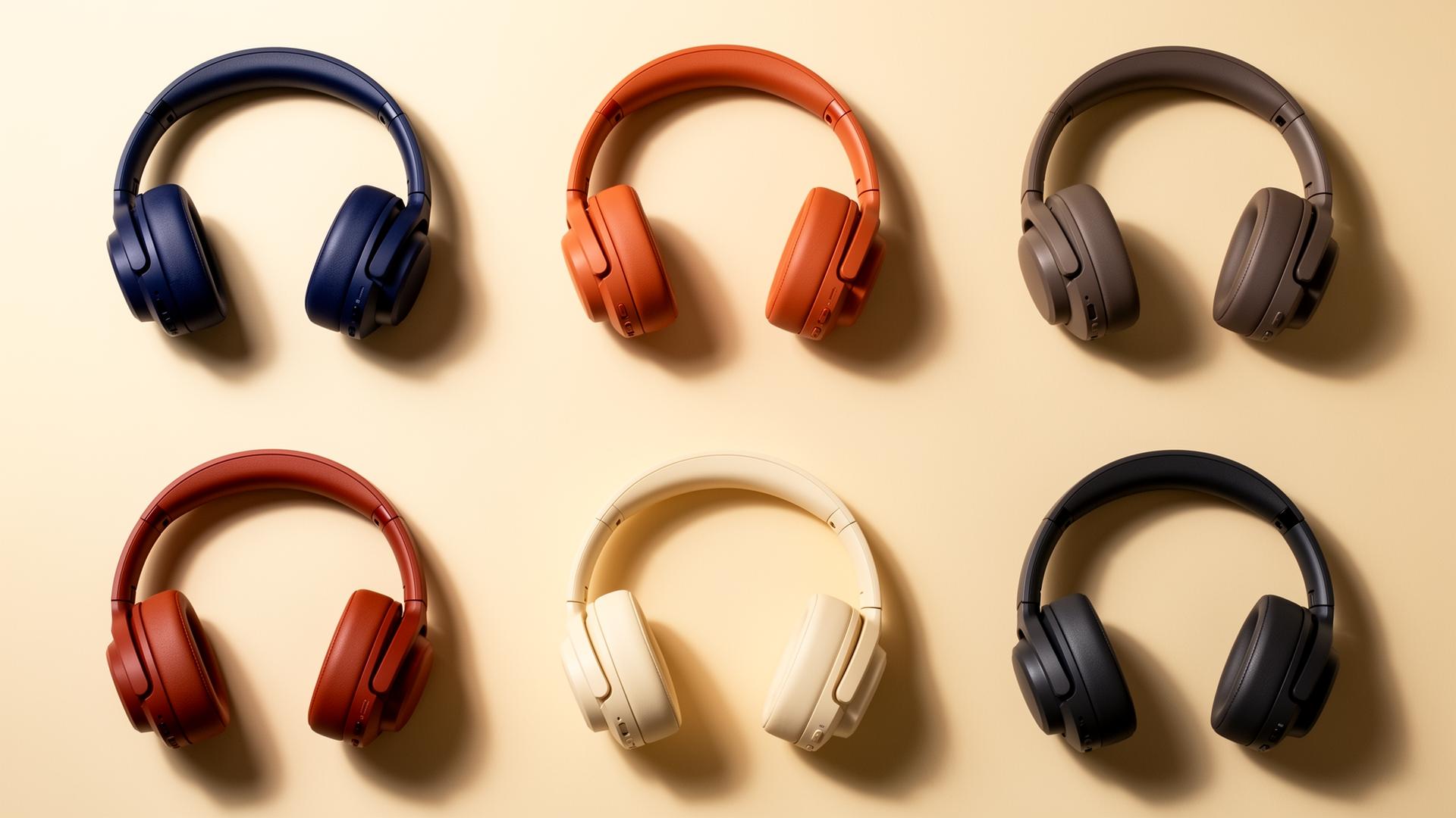 Collection of premium over-ear headphones in navy, terracotta, cream and charcoal on a warm background