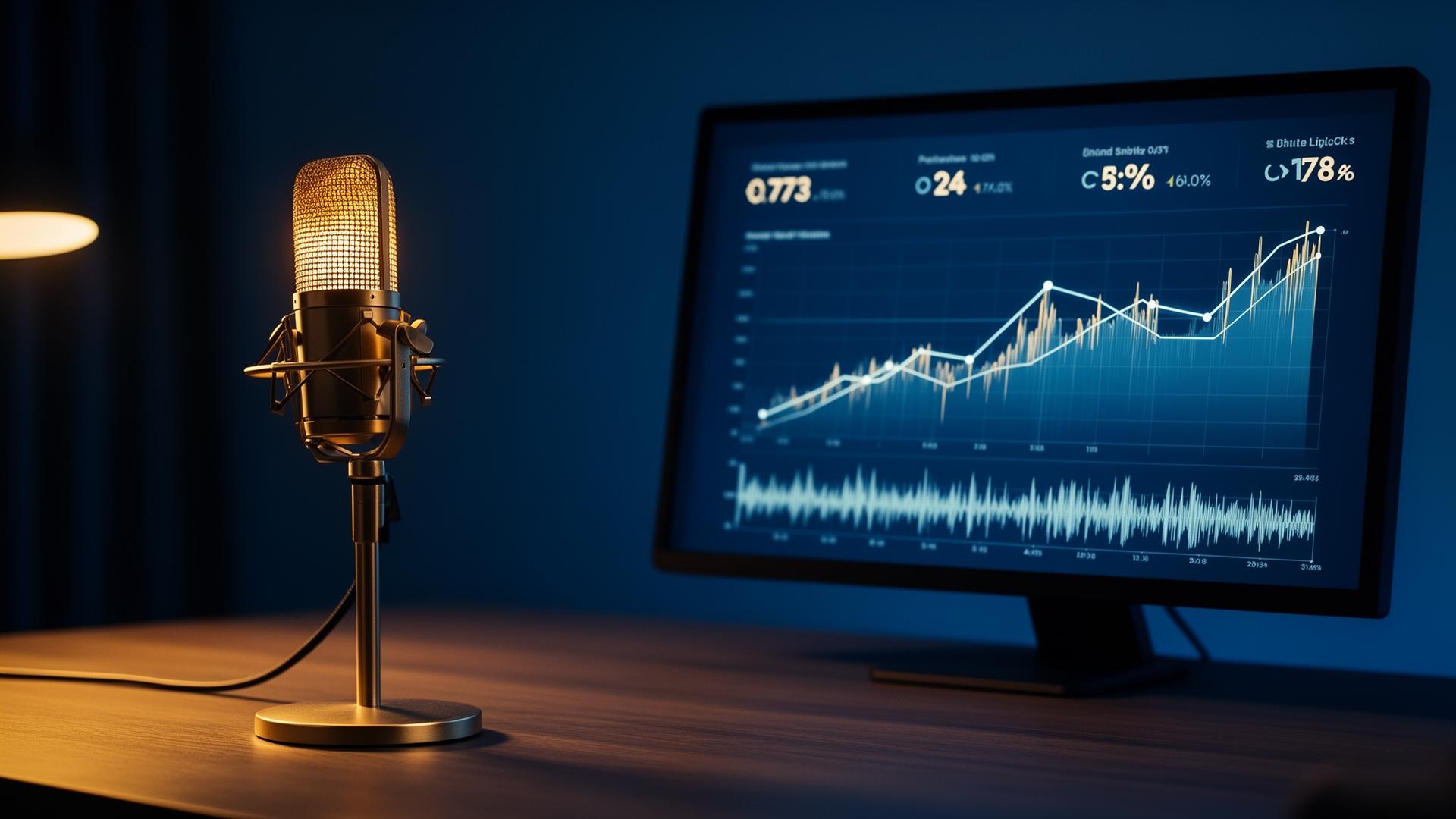 Podcast microphone next to analytics dashboard showing brand lift metrics and rising charts