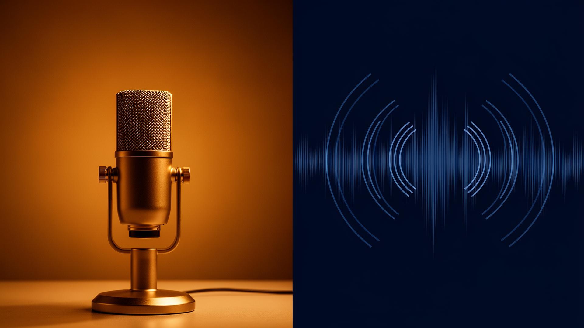 Gold podcast microphone in warm amber light beside abstract blue broadcast sound waves