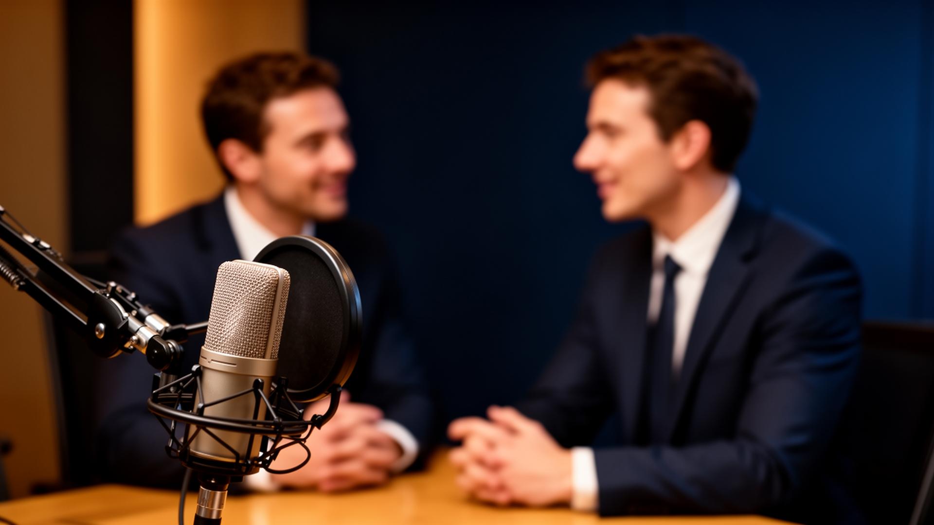 Corporate podcast recording session with professional microphone and two business professionals in conversation