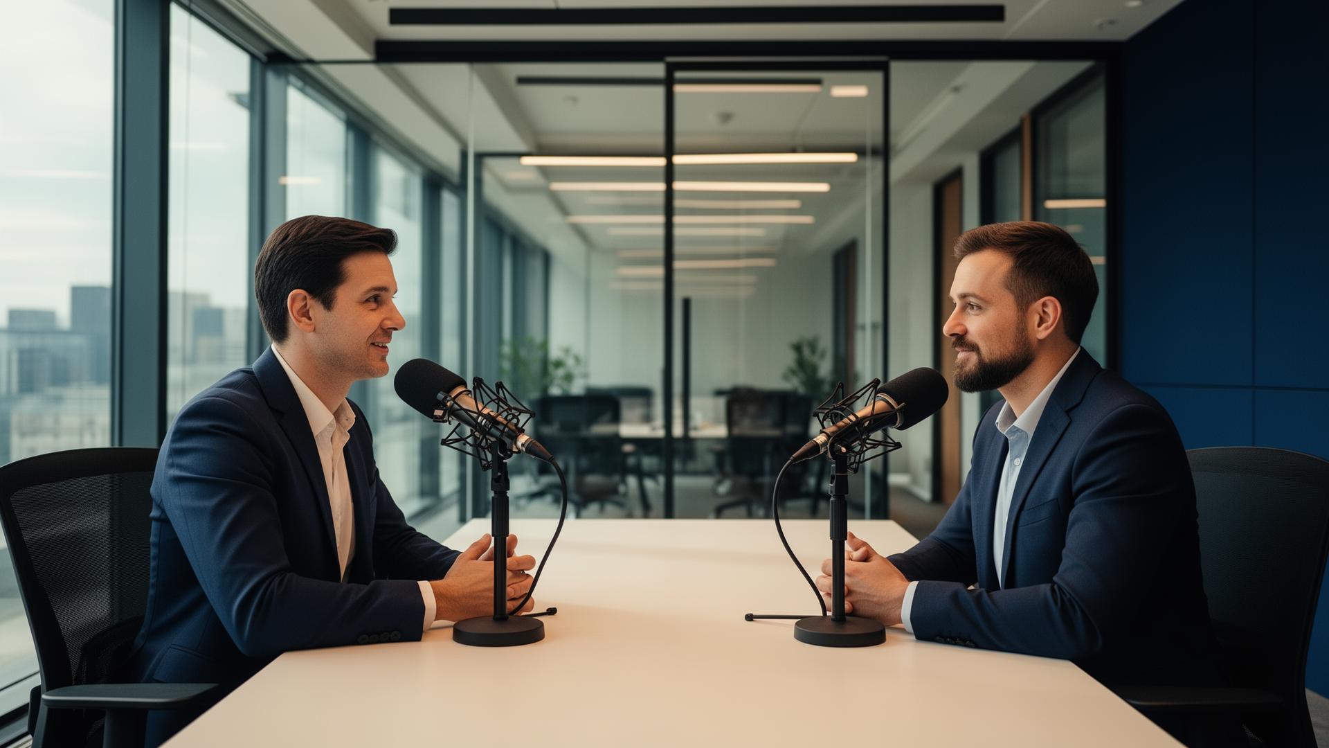 Two business professionals recording a corporate podcast at a table with broadcast microphones in a modern glass-walled office