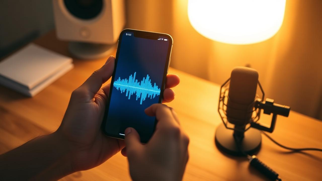 Person setting up a podcast recording studio with microphone and headphones