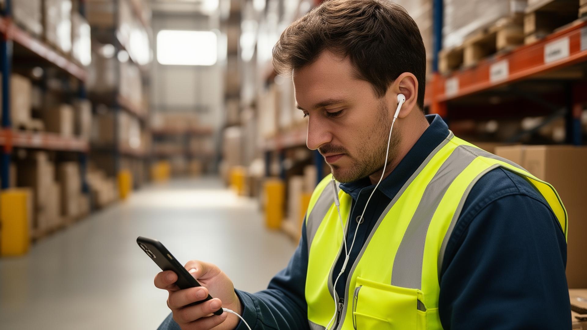 A warehouse worker in a high-visibility vest listening to a podcast on a smartphone during a break
