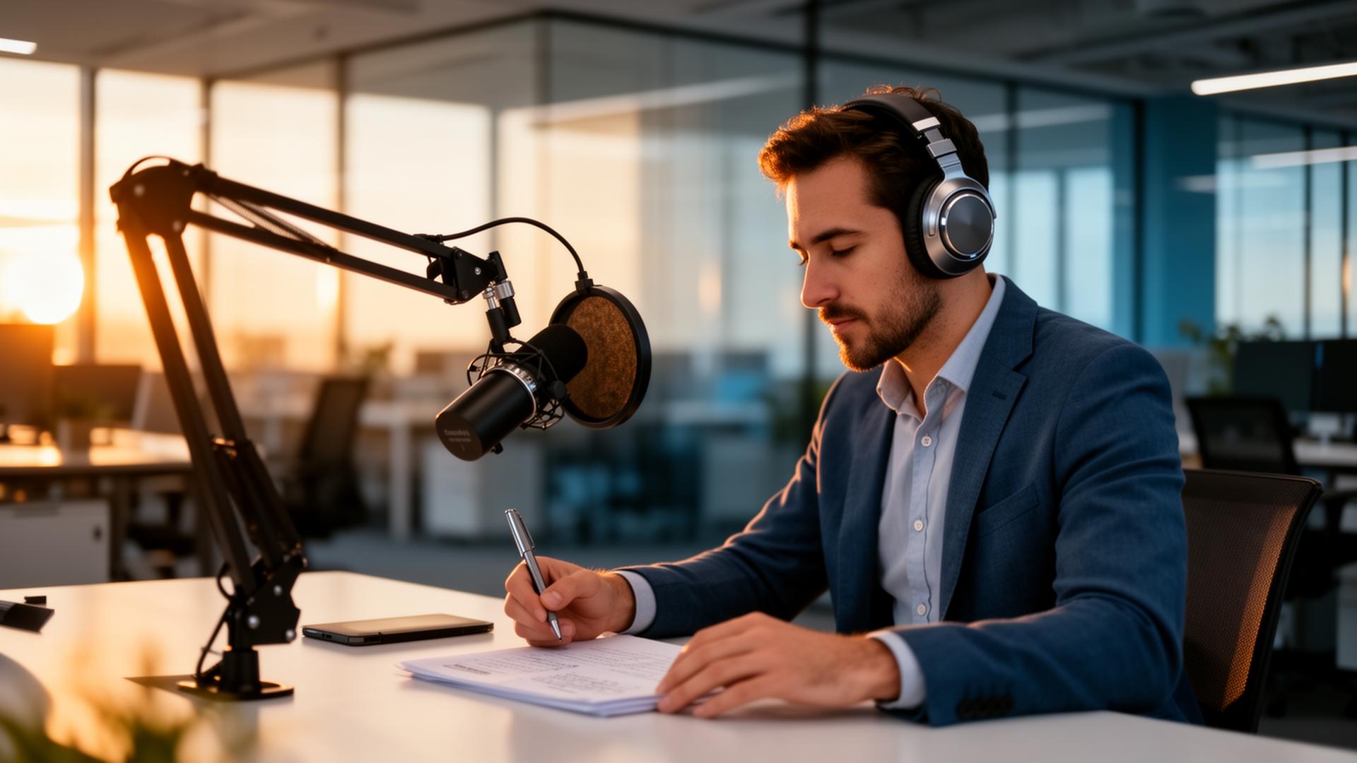 Professional wearing headphones at a desk with a podcast microphone in a modern office at golden hour