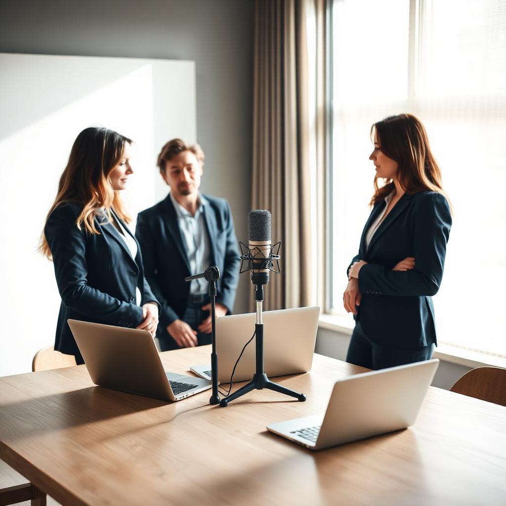 Small business team recording an internal podcast in a modern office
